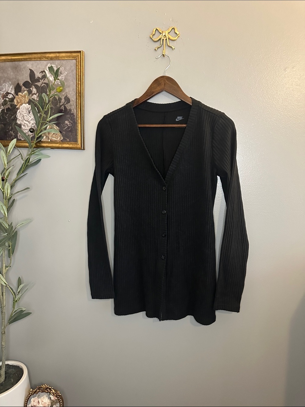 Nike Black Ribbed Button Front Cardigan Sweater Lightweight Athleisure Size S - Picture 5 of 7